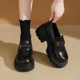 小个子女生单鞋7CM高跟厚底乐福鞋2025新款鞋子黑色小皮鞋一脚蹬