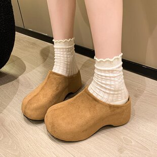 春秋小个子厚底勃肯拖鞋 无后跟室外穿7CM超高跟防水台包头半拖鞋