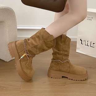 高级感厚底马丁靴女款2025新款冬季中筒堆堆靴加绒瘦瘦短靴西部靴