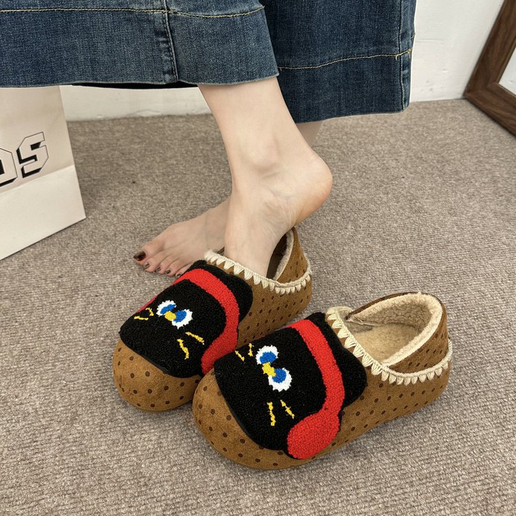波点懒人鞋冬季加绒棉拖鞋