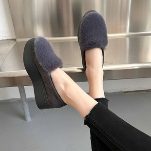 厚底毛毛鞋时尚松糕鞋女坡跟秋冬新款单鞋女鞋带毛防滑百搭豆豆鞋