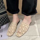 懒人女士凉拖鞋 包头半拖鞋 外穿2025年新款 编织透气镂空鞋 女款 夏季