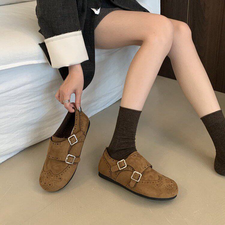 平底搭扣加绒勃肯鞋女2025冬季新款棕色毛毛鞋保暖棉鞋软底乐福鞋