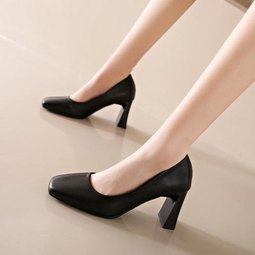 粗跟职业工作鞋礼仪黑色上班皮鞋