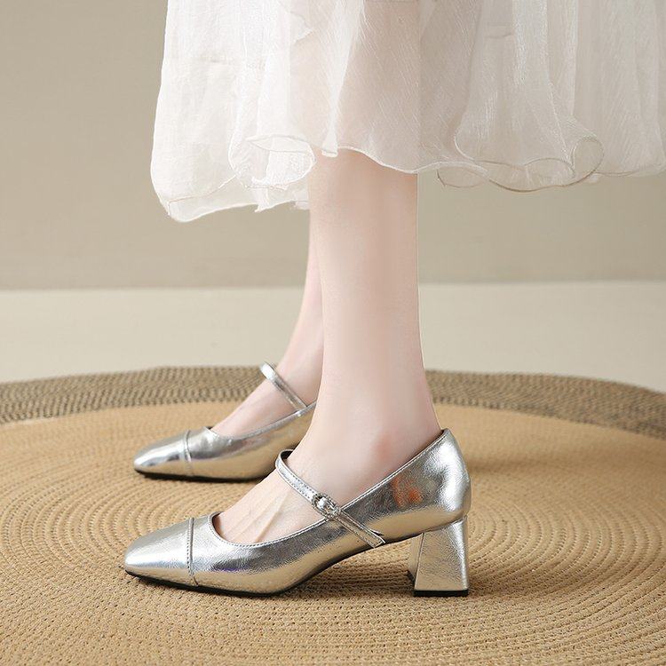 配裙子法式银色粗跟玛丽珍鞋女一字带气质高跟鞋仙女风温柔单鞋子,女鞋,浅口单鞋,淘宝优惠券,粉丝福利购,淘宝优惠卷