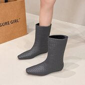 百搭方头短靴女 编织宽松套筒坡跟直筒中筒靴时尚 牛皮版 秋冬新款