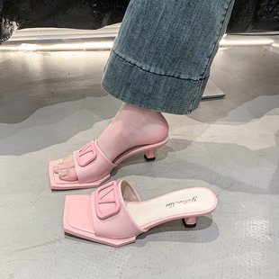 新款 拖鞋 法式 女细跟仙女风性感一字拖高跟鞋 方头凉鞋 香港2025夏季