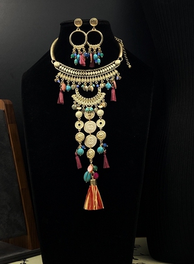 复古外贸原单老货chicos打标波西米亚风金色长流苏项链卡脖choker