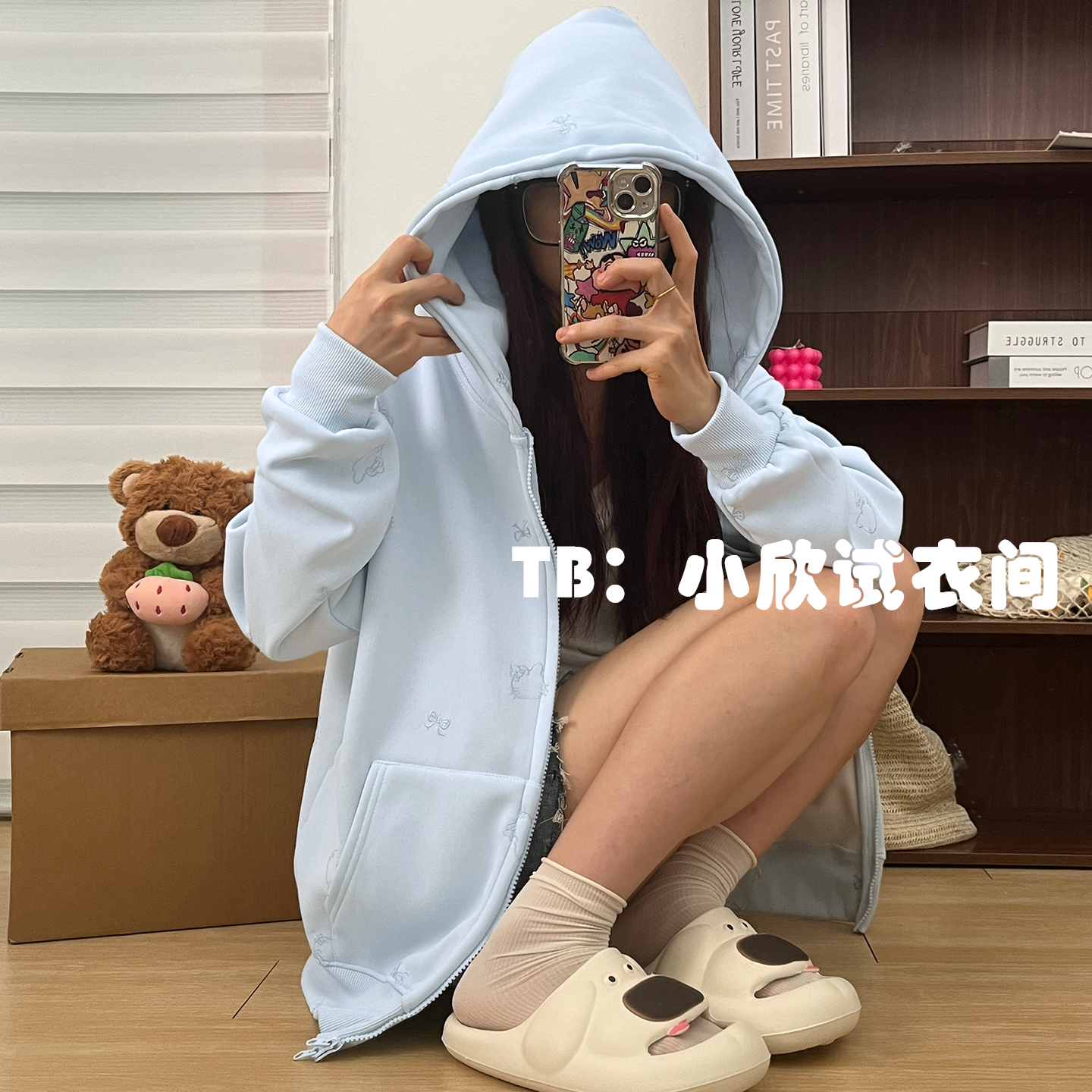 天蓝色卫衣女韩版ins风秋冬凯蒂猫加绒加厚连帽HelloKitty外套女