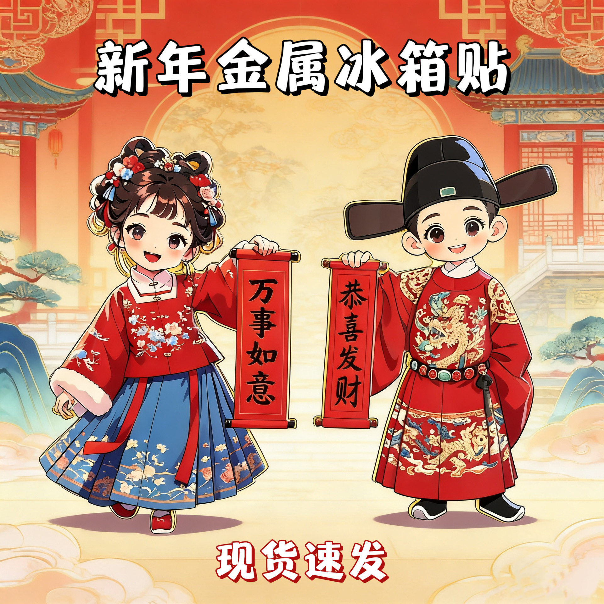 2026马年新款年画娃娃汉服情侣金属磁吸贴新年喜庆装饰冰箱贴