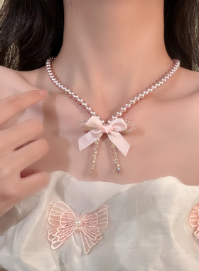 粉黛栀子~甜美纯欲风粉色蝴蝶结珍珠项链高级感轻奢choker锁骨链
