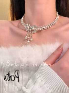 雪国千金~爆闪锆石蝴蝶结珍珠choker项链女甜美优雅气质颈链配饰