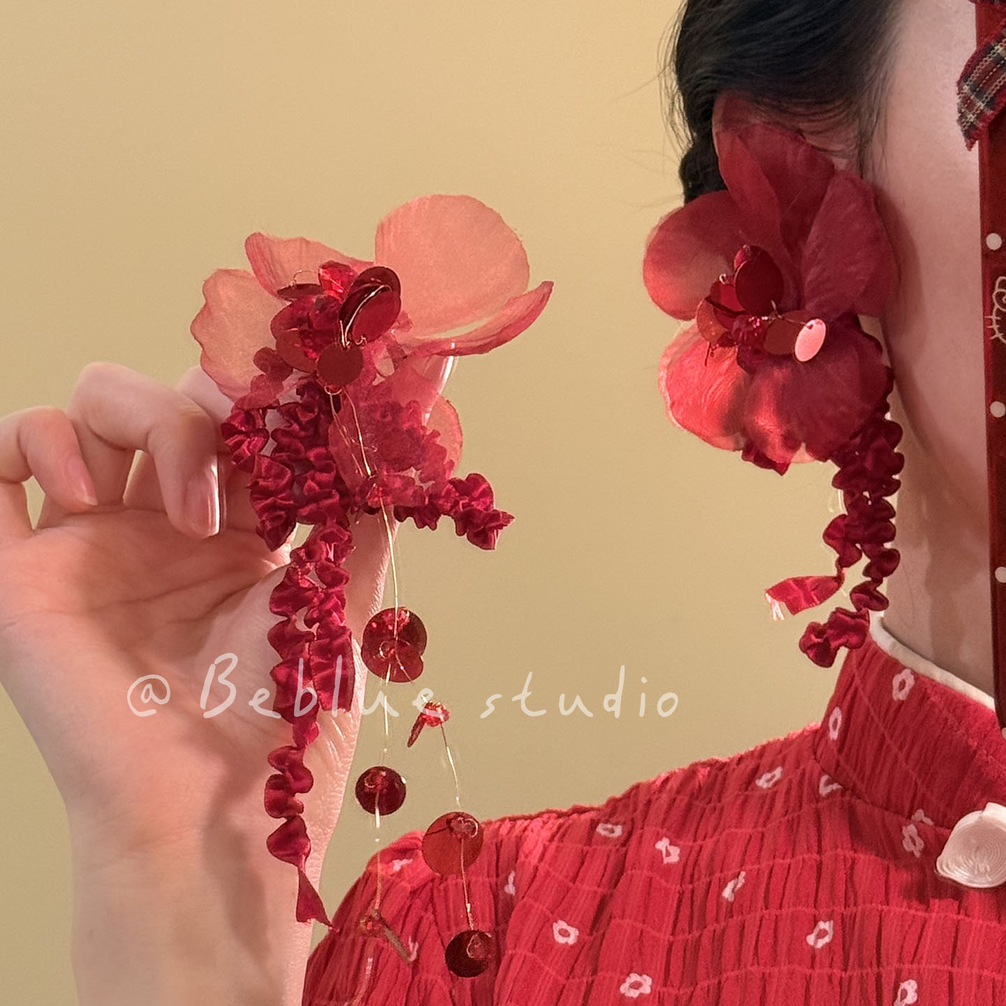 摇红滴翠~新中式红色花朵流苏耳夹女国风高雅耳环汉服高级感耳饰