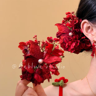 灼灼其华~新中式红色蝴蝶珍珠花朵发夹发饰女度假风头饰新娘头花