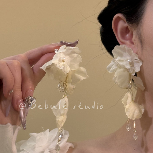 茉莉清香~夏日白色花朵流苏耳环2025新款夸张海边度假风耳饰耳夹
