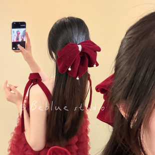 挚爱幻想~复古细闪丝绒红色蝴蝶结马尾抓夹头饰后脑勺半扎发夹女