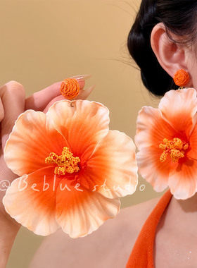精致靓女~超吸睛橙色大花朵耳环女海边度假风耳钉显脸小时髦耳饰