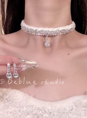 纯白爱恋~白色毛绒水滴锆石项链女轻奢小众颈链千金感礼服锁骨链