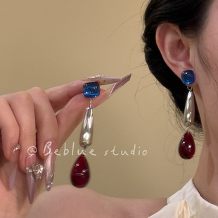 悦色映素~蓝红色撞色长款水滴气质耳环设计感高级小众显白耳饰女