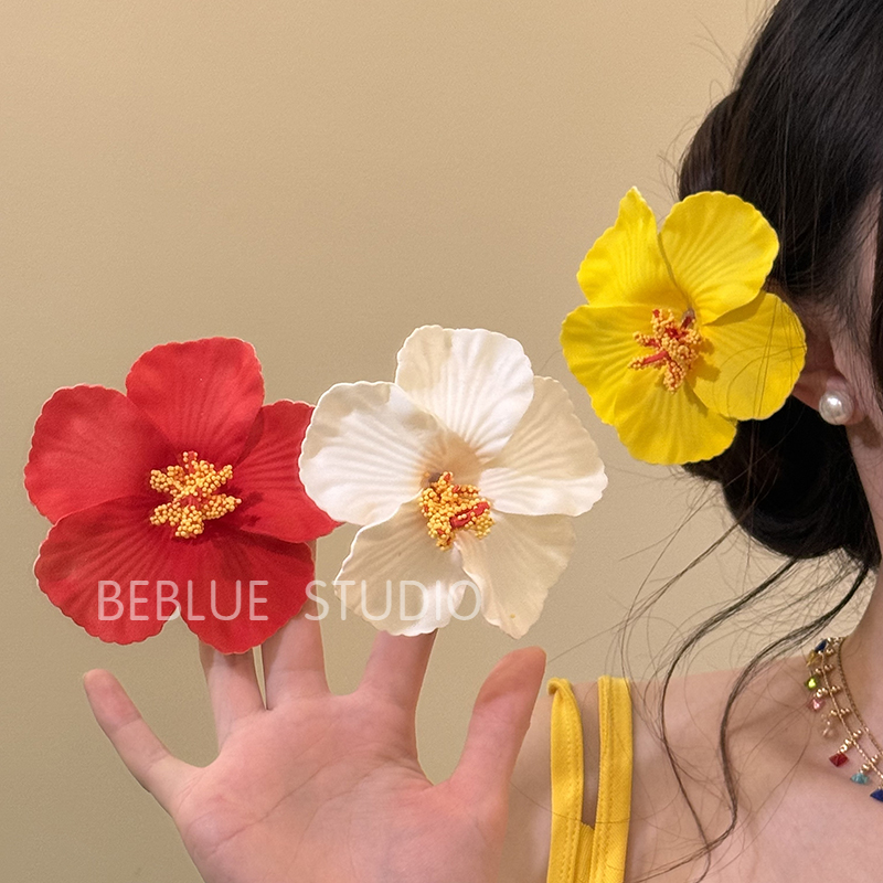 三色花堇~多巴胺度假扶桑花边发夹2025新款氛围感海边拍照发饰女