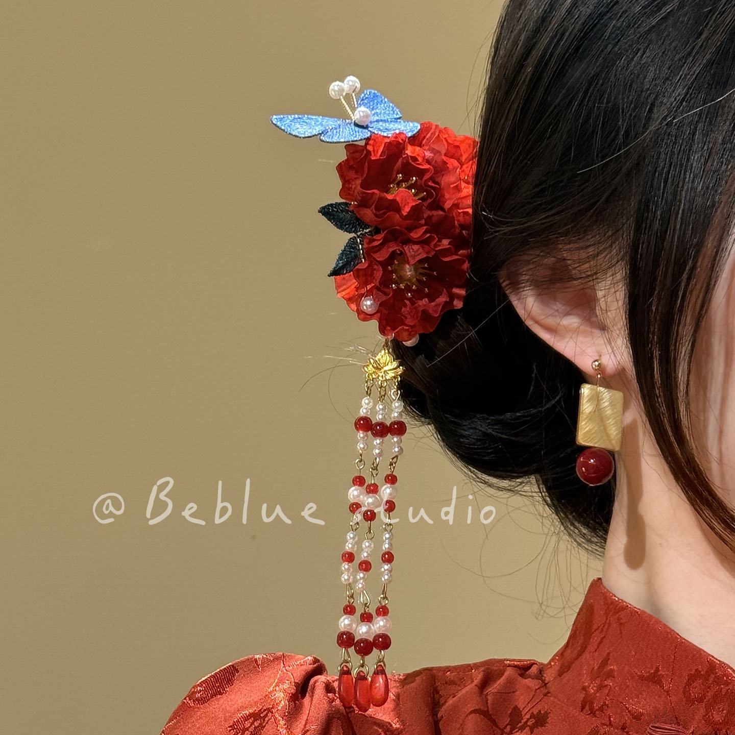 红绡剪影~新中式红色山茶花发钗簪子蝴蝶盘发旗袍敬酒服新娘头饰