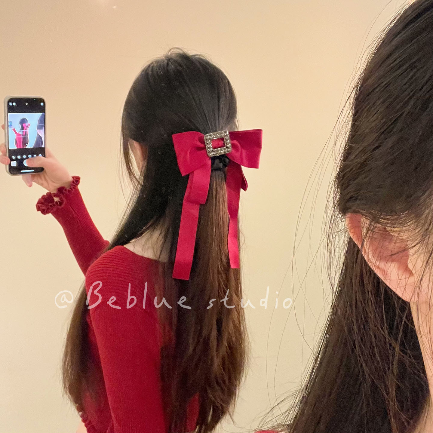 甜心荡漾~红色蝴蝶结飘带闪钻发圈少女风气质扎头发绳秋冬头饰女