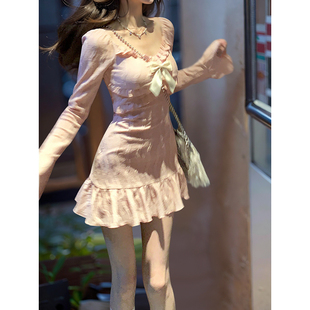 新款 法式 连衣裙女春季 裙子 甜美粉色蝴蝶结气质长袖 显瘦百搭短款