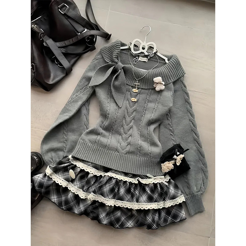 thumbnail for One-shoulder cute bow waist slimming knitted sweater women's autumn 2025 new niche design pullover sweater