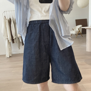 女夏季 宽松显瘦韩版 高腰牛仔短裤 新款 简约基础款 棉质松紧带阔腿裤