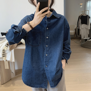 牛仔衬衫 新款 春秋季 女式 开叉上衣 宽松显瘦前短后长简约韩版 基础款