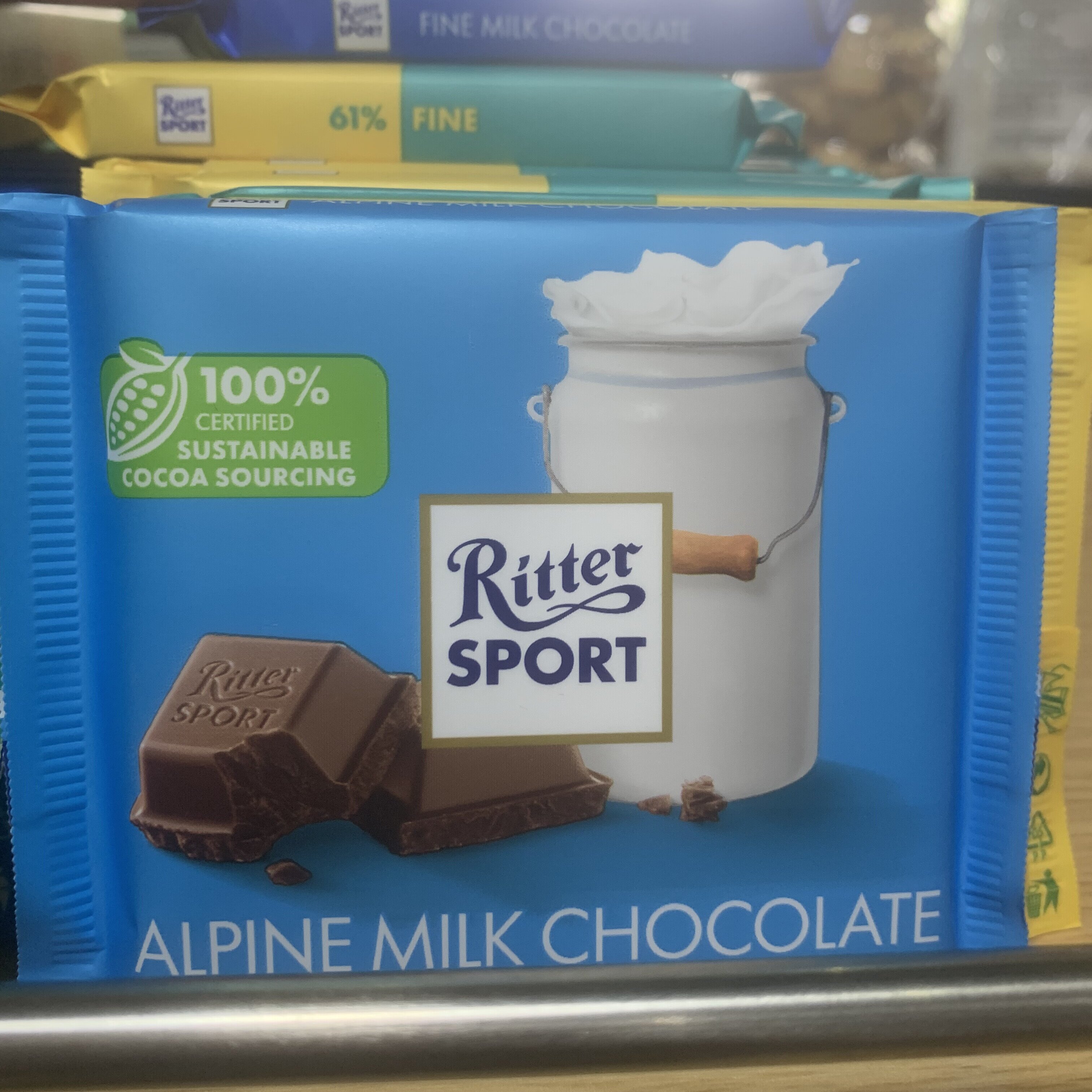 临期德国进口RitterSport瑞特滋阿尔卑斯牛奶巧克力100g*2排零食
