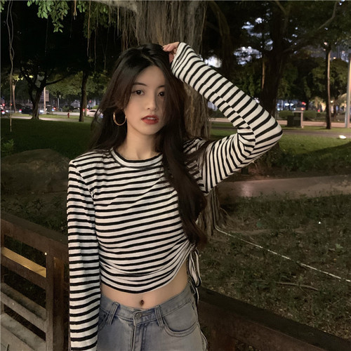 Real shot real price design sense drawstring blue stripe long sleeve T-shirt round neck Pullover bottomed Shirt Short blouse women