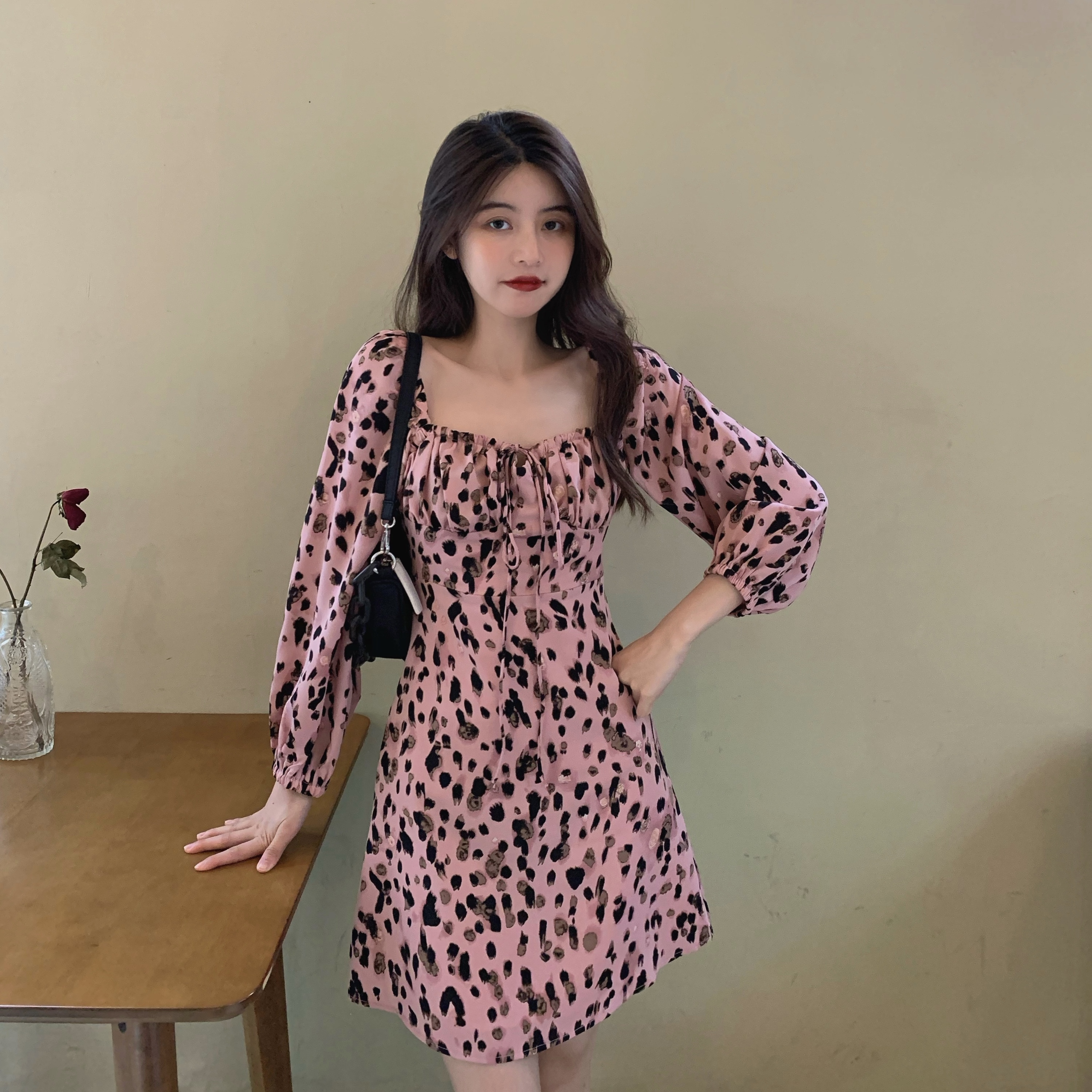 Real price fashion care machine generous collar Platycodon grandiflorum French Pink Leopard Dress