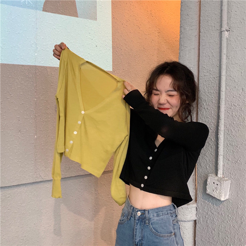 Real price sun protection knitted long sleeve short slim versatile V-neck air conditioning shirt solid color cardigan