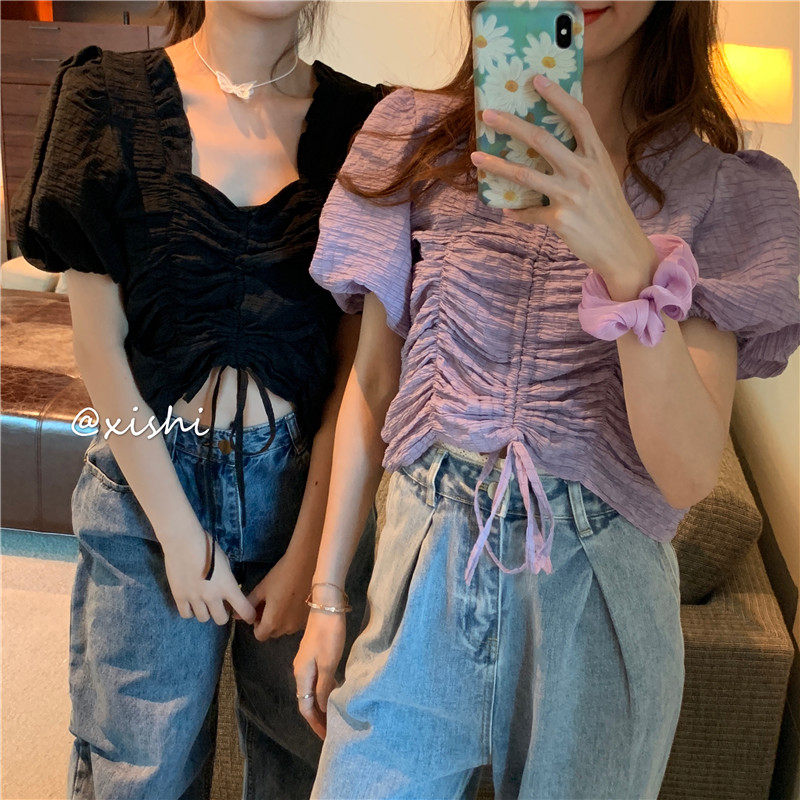 Real beat real price boudoir pleated bubble sleeve short sleeve drawstring short shirt vintage top