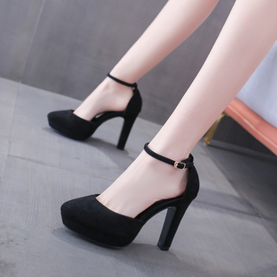 12cm粗跟防水台模特走秀形体礼仪走姿训练高跟鞋尖头侧空浅口单鞋