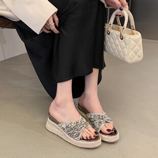 露趾麻绳草编高跟凉鞋 2026夏季 女外穿厚底一字拖鞋 坡跟凉拖鞋 新款