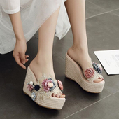 坡跟高跟拖鞋 花朵珍珠透明防水台女鞋 夏 麻绳编织松糕厚底凉鞋 新品