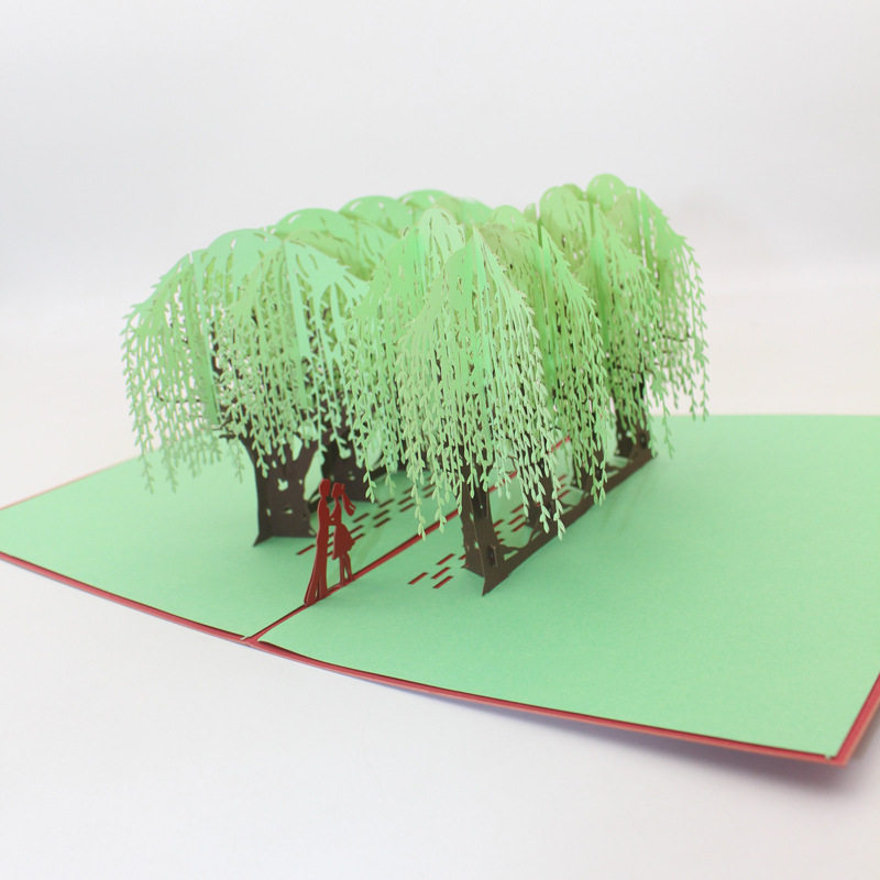 七夕情人节创意3D立体柳树恋人贺卡剪纸激光镂空制作厂家批发