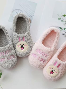 春秋季毛茸茸可爱兔子冬加绒月子家居宿舍室内软底带包跟棉拖鞋女
