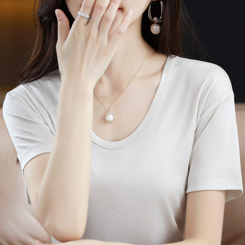 纯色醋酸t恤女半袖夏季时尚U领个性垂感缎面体恤褶皱气质上衣薄款
