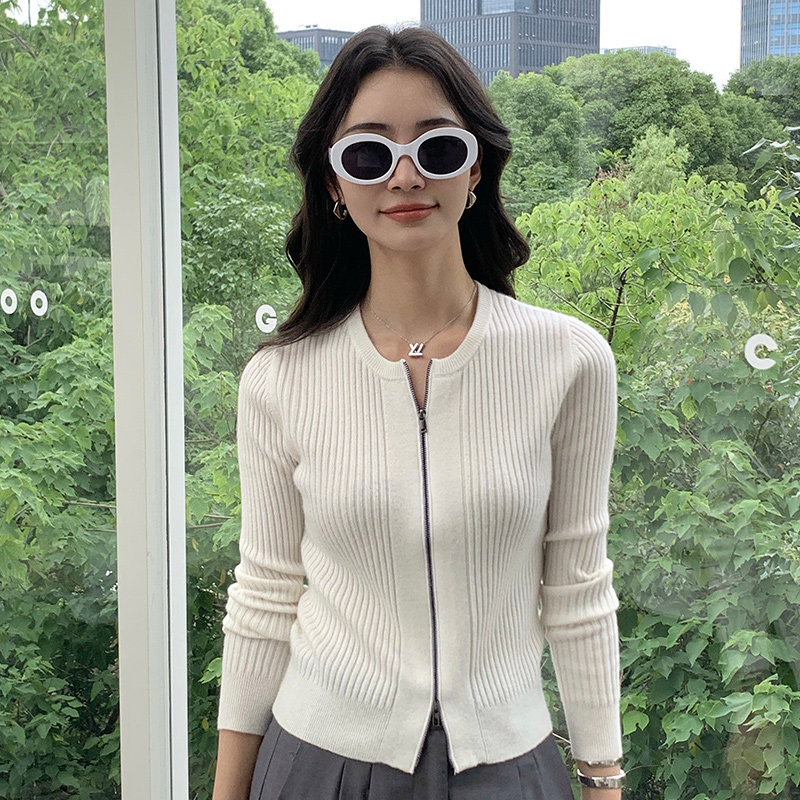 圆领羊绒开衫女秋冬拉链修身毛衣短款上衣通勤外穿针织羊毛外套女