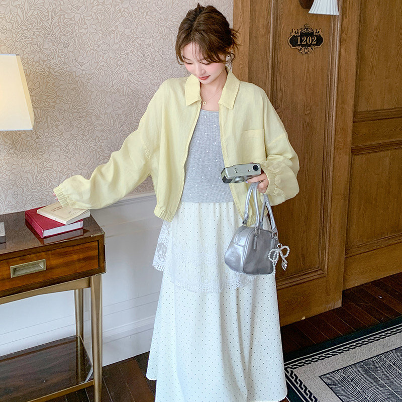 鹅黄色麻棉短防晒短外套女春夏2025新款百搭甜美减龄流行夹克上衣