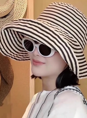 日系可折叠夏季条纹渔夫帽女新款长防晒帽子时尚盆帽大头围太阳帽