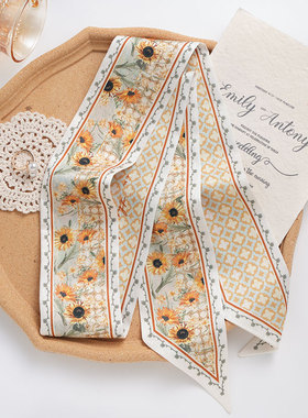 Date35th原创油画向日葵韩版装饰飘带丝带百搭长条窄丝巾发带绑包