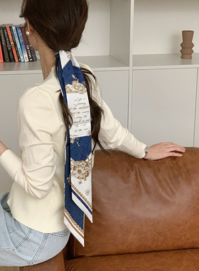 DATE35TH原创蓝色小丝巾发带韩版百搭细窄长条装饰领巾绑包包丝带