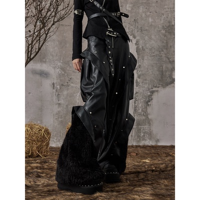 失落后花园朋克摇滚重工暗黑秋冬铆钉立体大口袋拼接毛毛阔腿皮裤