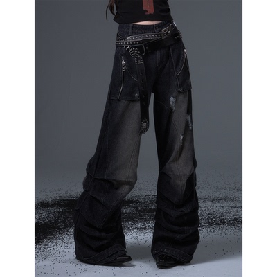 失落后花园街头朋克复古水洗破洞压褶弯刀牛仔裤宽松廓形阔腿裤女