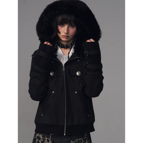 失落后花园复古砂洗可拆卸毛毛连帽修身短款冬季夹棉夹克加厚外套