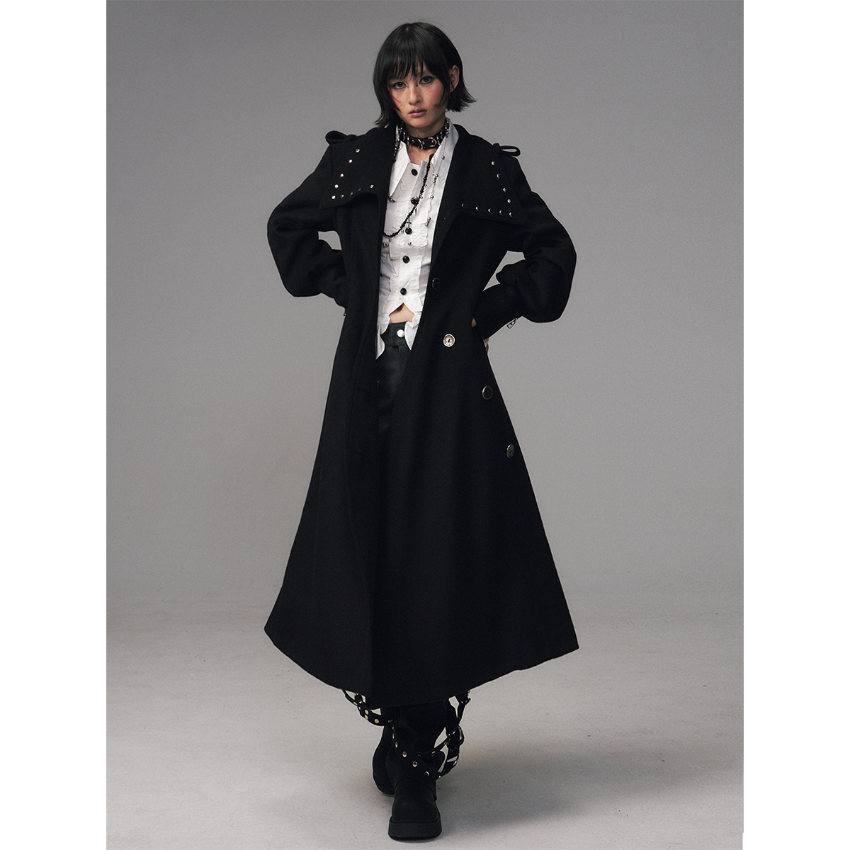 失落后花园暗黑A字收腰气质翻领长款羊毛呢子大衣女秋冬廓形外套